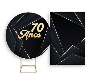 Painel De Festa Redondo 1,50x1,50 + Vertical 1,50x2,20 - 70 Anos Preto com Dourado 081