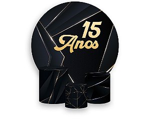 Painel De Festa Redondo 1,50 x 1,50 + Trio De Capas Cilindro - 15 Anos Preto com Dourado 308