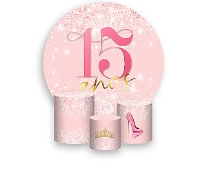 Painel De Festa Redondo 1,50 x 1,50 + Trio De Capas Cilindro - 15 Anos Efeito Glitter Rosa Suave 312
