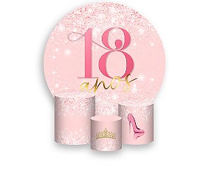 Painel De Festa Redondo 1,50 x 1,50 + Trio De Capas Cilindro - 18 Anos Efeito Glitter Rosa Suave 317