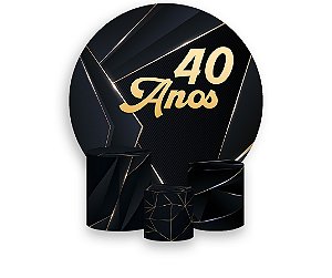 Painel De Festa Redondo 1,50 x 1,50 + Trio De Capas Cilindro - 40 Anos Preto e Dourado 323