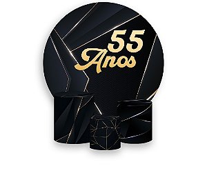 Painel De Festa Redondo 1,50 x 1,50 + Trio De Capas Cilindro - 55 Anos Preto e Dourado 326