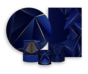 Kit 2 Painéis De Festa + Trio De Capas Cilindro - Geométrico Azul e Dourado 035