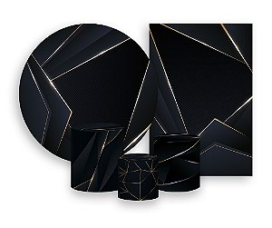 Kit 2 Painéis De Festa + Trio De Capas Cilindro - Geométrico Preto e Dourado 036