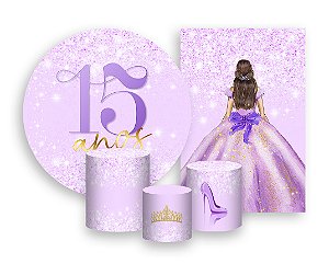 Kit 2 Painéis De Festa + Trio De Capas Cilindro - 15 Anos Princesa Lilás Efeito Glitter 063