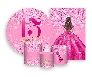 Kit 2 Painéis De Festa + Trio De Capas Cilindro - 15 Anos Princesa Pink Efeito Glitter 064