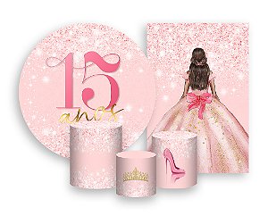 Kit 2 Painéis De Festa + Trio De Capas Cilindro - 15 Anos Princesa Rosa Suave Efeito Glitter 065