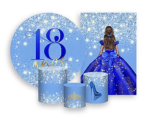 Kit 2 Painéis De Festa + Trio De Capas Cilindro - 18 Anos Princesa Azul Efeito Glitter 069