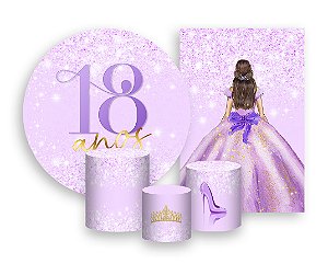 Kit 2 Painéis De Festa + Trio De Capas Cilindro - 18 Anos Princesa Lilás Efeito Glitter 070