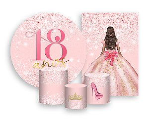 Kit 2 Painéis De Festa + Trio De Capas Cilindro - 18 Anos Princesa Rosa Suave Efeito Glitter 072