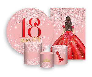 Kit 2 Painéis De Festa + Trio De Capas Cilindro - 18 Anos Princesa Vermelho Efeito Glitter 073