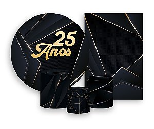 Kit 2 Painéis De Festa + Trio De Capas Cilindro - 25 Anos Preto com Dourado 075