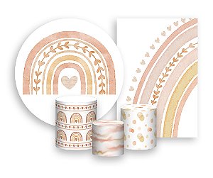 Kit 2 Painéis De Festa + Trio De Capas Cilindro - Arco-Íris Boho Tons Terrosos 003