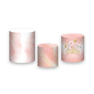 Trio De Capas De Cilindro - 15 Anos Efeito Marmorizado Rosa com Branco 029