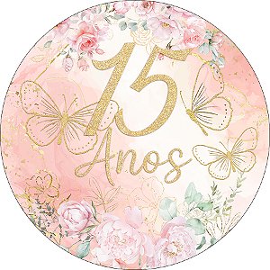 Painel De Festa Redondo 1,50x1,50 - 15 Anos Rosa com Flores e Borboletas 341