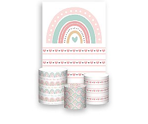 Painel De Festa Vertical 1,50 x 2,20 + Trio De Capas Cilindro - Arco-Íris Boho Rosa e Verde 011