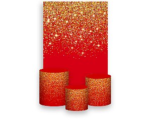 Painel De Festa Vertical 1,50 x 2,20 + Trio De Capas Cilindro - Efeito Glitter Vermelho com Dourado 079