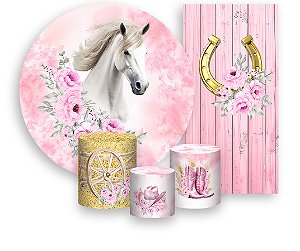 Painel De Festa + Trio De Capas Cilindro + Faixa Veste Fácil - Cavalo Boiadeira Rosa Floral 017