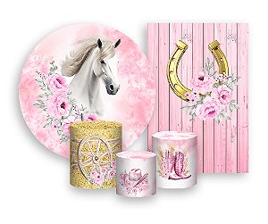Kit 2 Painéis De Festa + Trio De Capas Cilindro - Cavalo Boiadeira Rosa 015