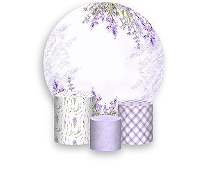 Painel De Festa Redondo 1,50 x 1,50 + Trio De Capas Cilindro - Flores de Lavanda Suave 079