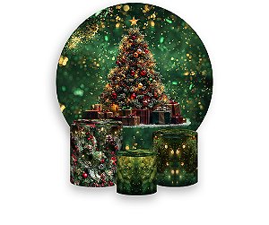 Painel De Festa Redondo 1,50 x 1,50 + Trio De Capas Cilindro - Árvore de Natal Verde Efeito Brilhos 034
