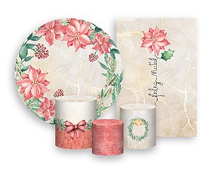 Kit 2 Painéis De Festa + Trio De Capas Cilindro - Feliz Natal Aquarela Poinsétia 014