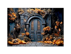 Fundo Fotográfico 2,20 x 1,50 - Halloween Cenário Porta Preta com Abóboras 059