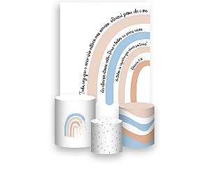Painel De Festa Vertical 1,50 x 2,20 + Trio De Capas Cilindro - Arco-íris Boho Azul e Bege 014