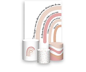 Painel De Festa Vertical 1,50 x 2,20 + Trio De Capas Cilindro - Arco-íris Boho Rosa e Bege 015