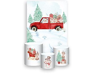 Painel De Festa Vertical 1,50 x 2,20 + Trio De Capas Cilindro - Natal Carro de Presentes 044