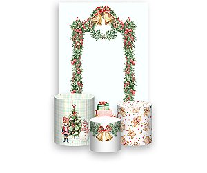 Painel De Festa Vertical 1,50 x 2,20 + Trio De Capas Cilindro - Sinos e Folhagens Natal no Polo Norte 046