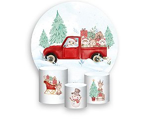 Painel De Festa Redondo 1,50 x 1,50 + Trio De Capas Cilindro - Natal Carro de Presentes 039
