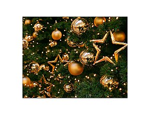 Painel de Festa Horizontal 1,55 X 1,20 - Árvore de Natal Bolinhas e Estrelas Douradas 002