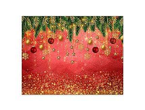 Painel de Festa Horizontal 1,55 X 1,20 - Natal Vermelho com Folhagens Efeito Brilhos 006