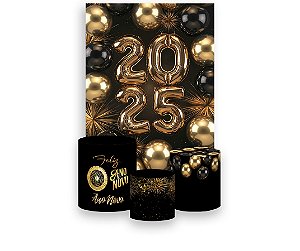 Painel De Festa Vertical 1,50 x 2,20 + Trio De Capas Cilindro - Ano Novo Preto com Balões Dourados 016