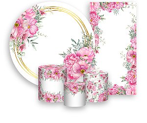 Painel De Festa + Trio De Capas Cilindro + Faixa Veste Fácil - Floral Rosa  050