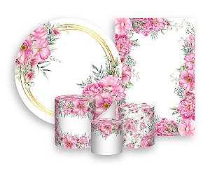 Kit 2 Painéis De Festa + Trio De Capas Cilindro - Floral Rosa  049