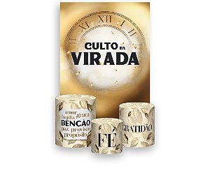 Painel De Festa Vertical 1,50 x 2,20 + Trio De Capas Cilindro - Igreja Culto da Virada Dourado 061