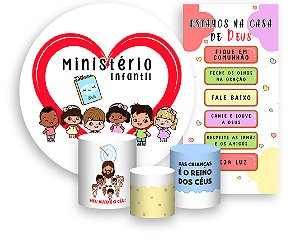 Painel De Festa + Trio De Capas Cilindro + Faixa Veste Fácil - Ministério Infantil Coração 020