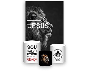Painel De Festa Vertical 1,50 x 2,20 + Trio De Capas Cilindro - Religioso Leão Cruz de Jesus 066