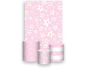 Painel De Festa Vertical 1,50 x 2,20 + Trio De Capas Cilindro - Margaridas Fundo Rosa Suave 119