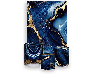 Painel De Festa Vertical 1,50 x 2,20 + Trio De Capas Cilindro - Efeito Mármore Azul com Dourado 099