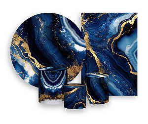 Kit 2 Painéis De Festa + Trio De Capas Cilindro - Efeito Mármore Azul com Dourado 042