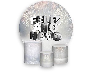 Painel De Festa Redondo 1,50 x 1,50 + Trio De Capas Cilindro - Feliz Ano Novo Efeito Glitter 016