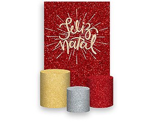 Painel De Festa Vertical 1,50 x 2,20 + Trio De Capas Cilindro - Feliz Natal Efeito Glitter Vermelho 049