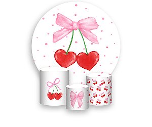 Painel De Festa Redondo 1,50 x 1,50 + Trio De Capas Cilindro - Coração Cereja com Laço Rosa 073