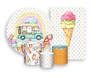 Kit 2 Painéis De Festa + Trio De Capas Cilindro - Sorveteria Aquarela 005