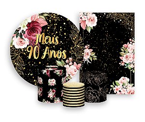 Kit 2 Painéis De Festa + Trio De Capas Cilindro - Meus 90 Anos Floral Efeito Brilhos 092