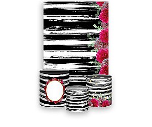Painel De Festa Vertical 1,50 x 2,20 + Trio De Capas Cilindro - Flor Pink com Listras 123