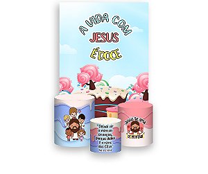 Painel De Festa Vertical 1,50 x 2,20 + Trio De Capas Cilindro - A Vida com Jesus é Doce 067
